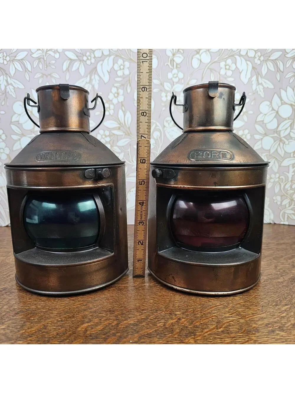 Vtg Nautical Port Starboard Oil Lanterns Brass Tone Navigation Red Green Glass